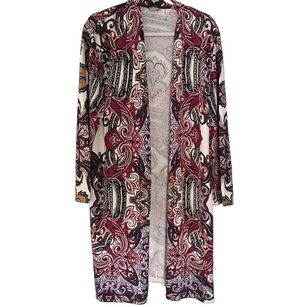 Chicos Grand Paisley Open Front Knit Cardigan Duster Plus Size XXL Fall Colors